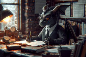 Dragon in an elegant business suit. A modern view of business. Abstract image. Photorealism - obrazy, fototapety, plakaty