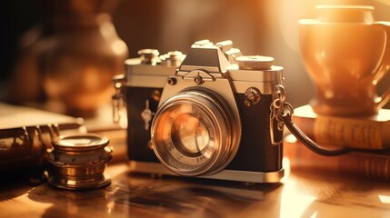 Fototapeta na wymiar Time-honored camera with lens flares in a warm, nostalgic setting