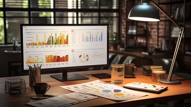 Analysis of charts under a magnifier, clean workspace, with soft, natural morning light