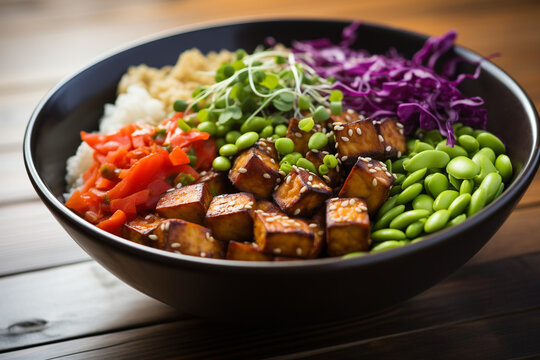 Indulge in a burst of flavors with our Tofu Poke Bowl featuring Edamame and Pickle. A healthy, satisfying bowl for a delightful culinary experience.