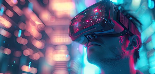 Man immersed in modern virtual world wearing VR goggles amidst city illuminated by vibrant neon lights intersection of technology and innovation futuristic cyber realities meet everyday life