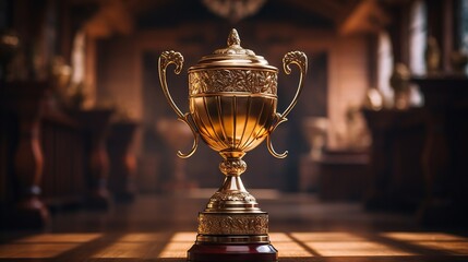 Timeless golden trophy on wooden surface, symbol of achievement