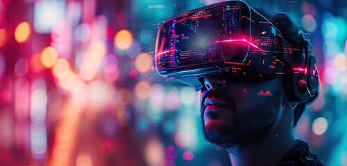 Man immersed in modern virtual world wearing VR goggles amidst city illuminated by vibrant neon lights intersection of technology and innovation futuristic cyber realities meet everyday life - obrazy, fototapety, plakaty