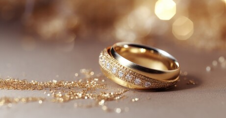 Gold and white wedding rings on silver background on gold glitter