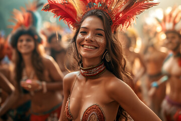 A bright girl in a carnival costume dances and has fun during the holiday