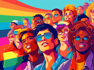 Pop art illustration of gathering of stylish enthusiastic young diverse people with Pride flag and rainbow background positive emotion, bold colors and dynamic energy