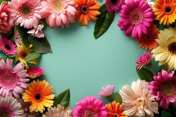 Floral composition on a turquoise background, space for text, concept of Valentine Day, Mother Day, Women Day, wedding day