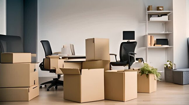 E-commerce and relocation concept with cardboard boxes in empty offices