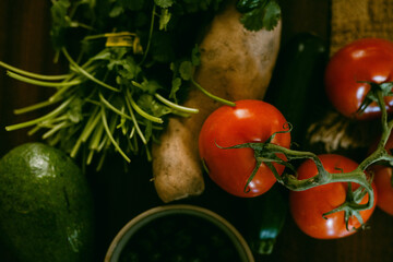 Tomatoes, cilantro, avocado and sweet potato