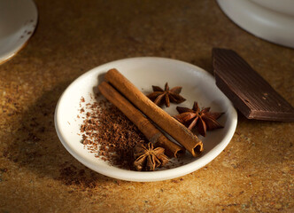 Cinnamon sticks, anise, dark chocolate lie in a plate on the table