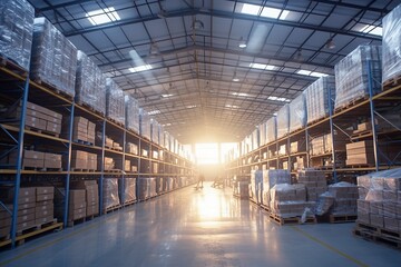 Modern warehouse. sunlight illuminates colorful pharmaceutical packages on sleek shelves - obrazy, fototapety, plakaty