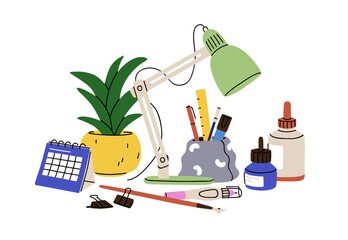Stationery tools, accessories at workplace. School table supplies composition. Desk lamp, calendar, pens, potted plant in disorder, chaos, mess. Flat vector illustration isolated on white background - obrazy, fototapety, plakaty