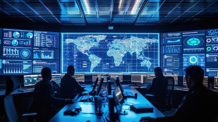 A team of professionals in a high-tech control room monitors cybersecurity and global network activities on large digital screens displaying world maps and data analytics.