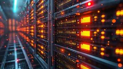 Perspective view inside a data center, with rows of high-capacity server racks illuminated by intense red LED lights, symbolizing digital power and data storage.