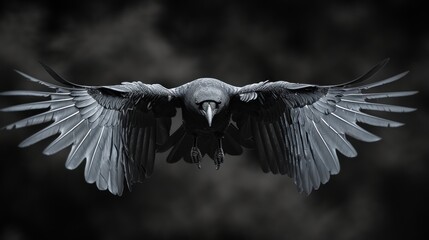 Captured in a close-up, a magnificent raven spreads its wings wide open in flight, revealing the intricate details of its feathers against a dark background, creating a mesmerizing image.