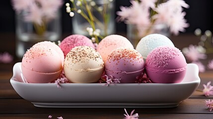 Various varieties of ice cream in balls, blueberry, strawberry, pistachio, almond, orange and cherry on a dark stone background. The concept of a summer and sweet menu. Generate Ai