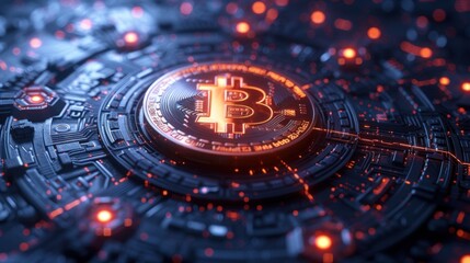 The complex circuit board pattern serves as a backdrop for a digital representation of a Bitcoin coin, signifying the advanced technology that underlies cryptocurrencies.