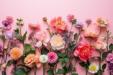 Fototapeta premium Floral composition on a pink background, space for text, concept of Valentine Day, Mother Day, Women Day, wedding day