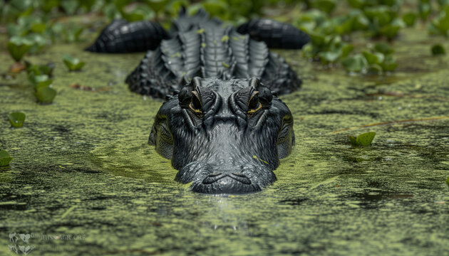 An alligator lies stealthily in the water, only its menacing eyes and scaly back visible above the algae-covered surface, as it waits patiently for its next opportunity to strike