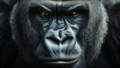 Obraz premium A close-up portrait of a powerful gorilla, gazes intently at the camera, highlighted by piercing eyes and framed by its dark fur
