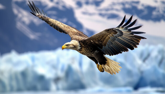 A majestic bald eagle is in flight with its wings spread wide, soaring against a backdrop of snow-capped mountains and blue icy glaciers