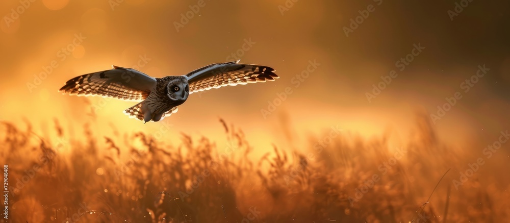 Poster short eared owl soaring and searching above misty field at dawn.