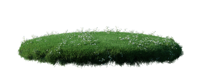 Round surface patch covered with flowers, green or dry grass isolated on white background. Realistic natural element for design. Bright 3d illustration.