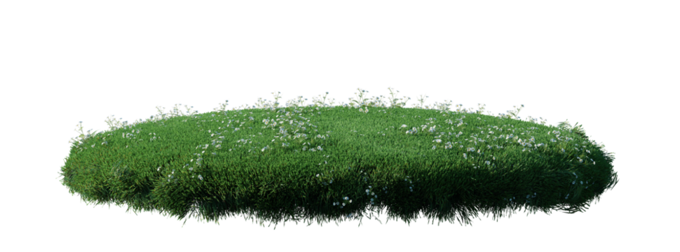 Round surface patch covered with flowers, green or dry grass isolated on white background. Realistic natural element for design. Bright 3d illustration.