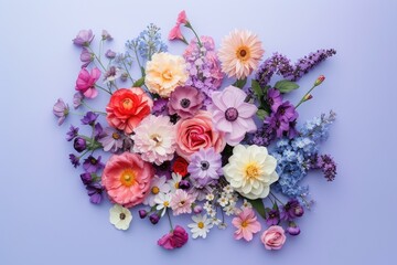 Floral composition on a purple background, concept of Valentine Day, Mother Day, Women Day, wedding day