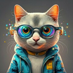 A cute delicate cat looking at the camera and wearing a colorful hoodie and glasses with a beautiful background.