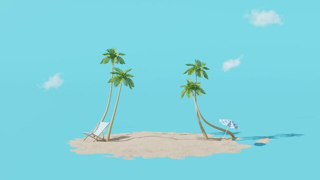 Summer beach vacation scene with blue background. 3d animation footage