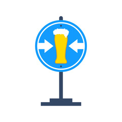Glass of beer and road sign with arrows. Vector drawing.