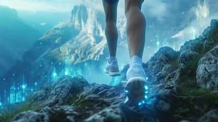 Low angle man running on the mountain for health and diet concept with blue hologram.