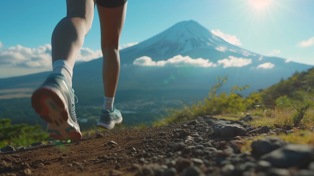 Low angle view runner legs with fuji mountain background on sunny day , trail running concept.