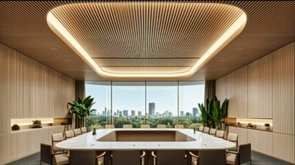 Corporate Office Meeting Room, Modern Interior Design, Empty Boardroom with City View, Business Concept