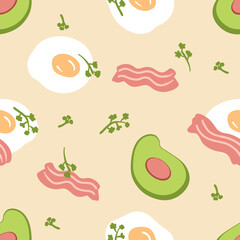 Hand drawn seamless pattern with fried eggs, avocado and bacon. Aesthetic meal print for paper, fabric, textile. Food background vector illustration.