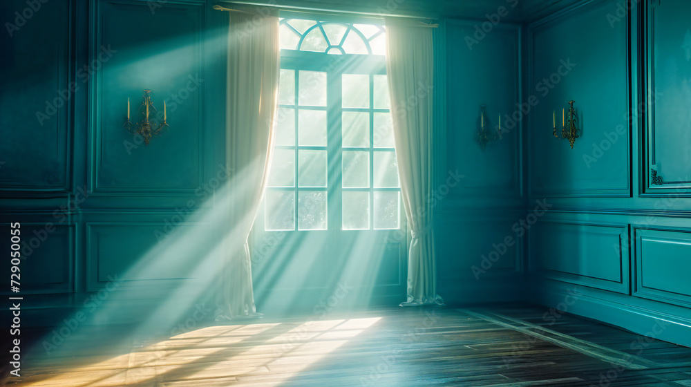 Poster sunlit room with a view through an open window, casting bright rays and shadows in an empty, vintage
