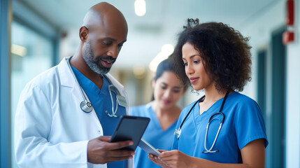 Confident nurse reviewing patient charts on a tablet while collaborating with a doctor in a modern healthcare setting