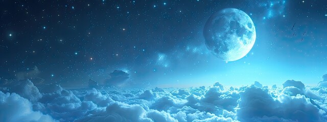 Night sky adorned with clouds stars and luminous moon creating beautiful celestial tableau scene captures tranquil and romantic essence of galaxy mysteries of universe unfold against starry backdrop