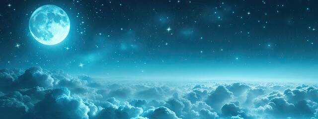 Night sky adorned with clouds stars and luminous moon creating beautiful celestial tableau scene captures tranquil and romantic essence of galaxy mysteries of universe unfold against starry backdrop