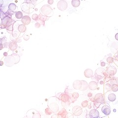 春夏用アルコールインクアート抽象正方形バナー）白背景にピンクと紫のシャボン玉と金色グリッター