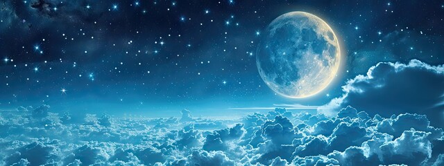 Night sky adorned with clouds stars and luminous moon creating beautiful celestial tableau scene...