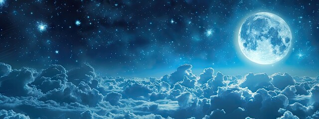 Night sky adorned with clouds stars and luminous moon creating beautiful celestial tableau scene captures tranquil and romantic essence of galaxy mysteries of universe unfold against starry backdrop