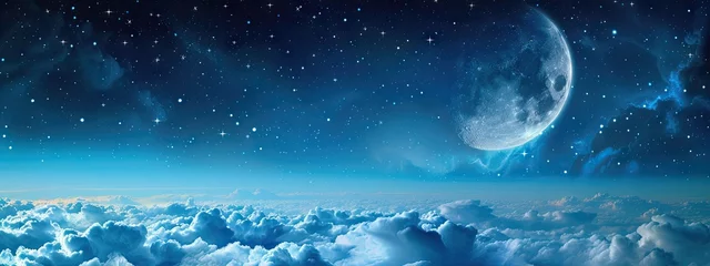 Fotobehang Night sky adorned with clouds stars and luminous moon creating beautiful celestial tableau scene captures tranquil and romantic essence of galaxy mysteries of universe unfold against starry backdrop © Wuttichai