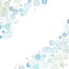Fototapeta na wymiar 春夏用アルコールインクアート抽象正方形バナー）白背景に緑と青のシャボン玉と金色グリッター