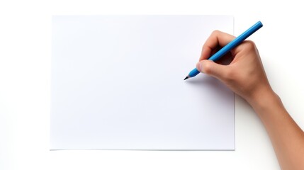 Hand jotting down notes on a blank paper with a blue pencil, isolated on white.