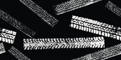 Tire track seamless pattern. Grange tread marks .Grunge textured vector car tread . Car trails endless pattern texture. Tyre track seamless texture. Wheel tire tread track background © miloje