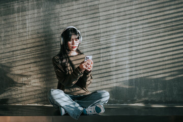 Young Asian woman sitting and listening to music with headphones cement wall backdrop Empty space for creating messages