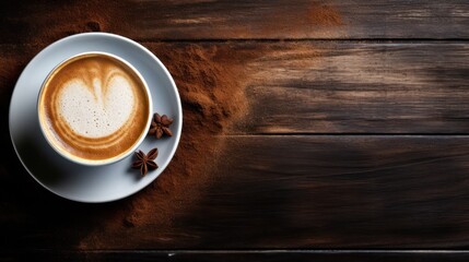 Coffee cup arranged on a wooden surface, photographed from a bird's-eye view, with space reserved for textual elements.