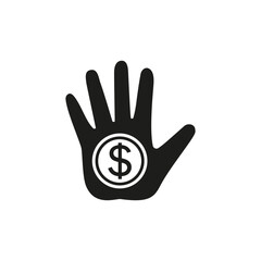 Fototapeta premium Hand with money and a coin with a dollar sign on the palm. Vector icon and silhouette on white background.